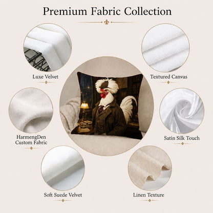 Fabric options for a custom rooster portrait pillow cover including luxe velvet, canvas, satin, suede velvet and linen texture.