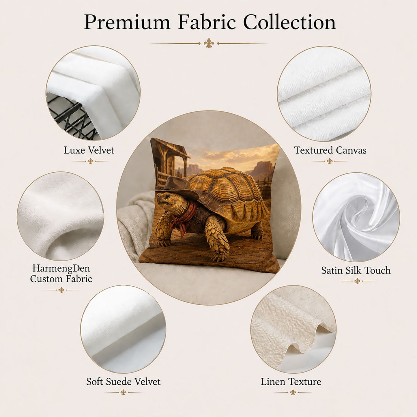 Premium fabric options for a custom tortoise portrait pillow cover including luxe velvet, canvas, satin, suede velvet and linen texture.