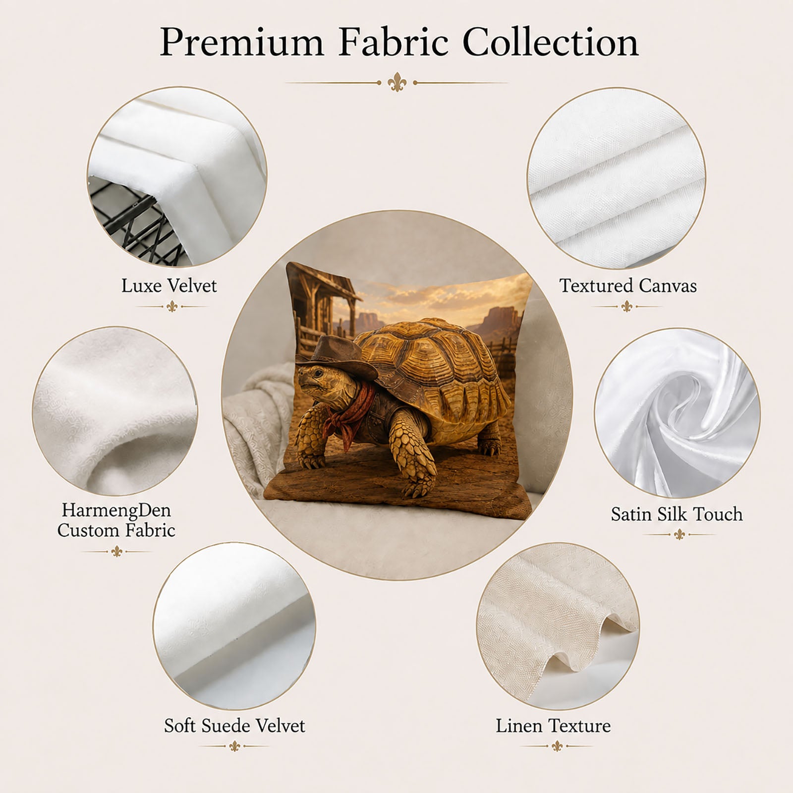 Premium fabric options for a custom tortoise portrait pillow cover including luxe velvet, canvas, satin, suede velvet and linen texture.