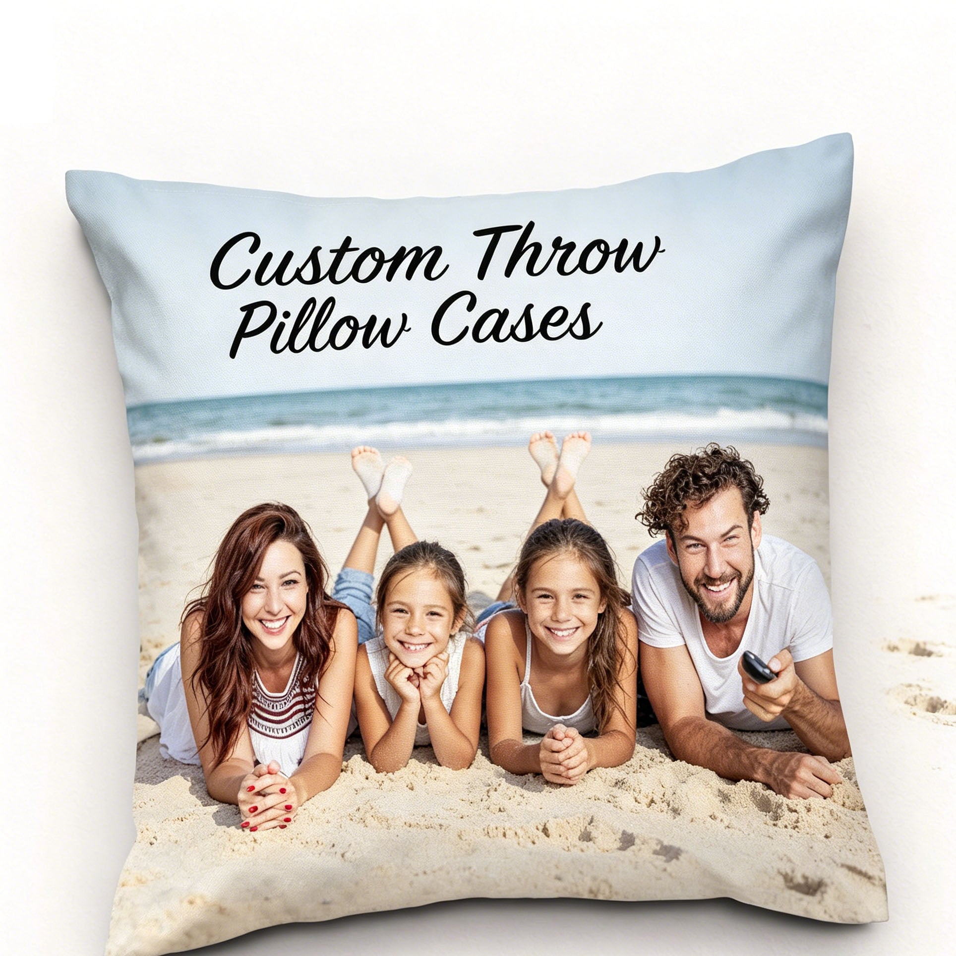 Four-panel collage personalized custom photo pillow for travel vacation memory, upload 4 different outdoor travel photos, add custom trip quote text or personal logo for unique wanderlust keepsake decor.