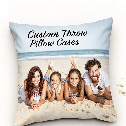 Four-panel collage personalized custom photo pillow for travel vacation memory, upload 4 different outdoor travel photos, add custom trip quote text or personal logo for unique wanderlust keepsake decor.