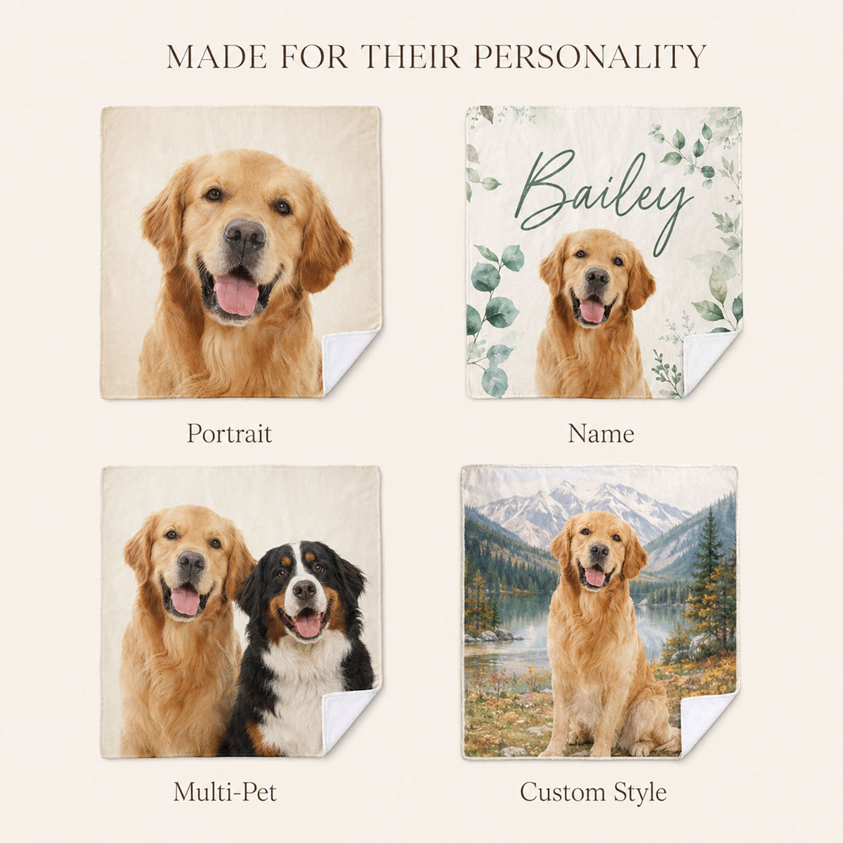 Personalized pet blanket design options including portrait, pet name, multi-pet and custom background styles.
