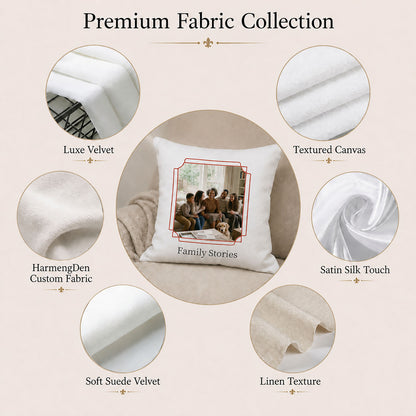 Premium fabric options for a personalized family photo pillow cover, including velvet, canvas, satin and linen textures