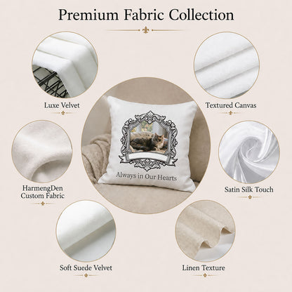Premium fabric collection for a custom pet memorial pillow cover, including velvet, canvas, satin and linen textures