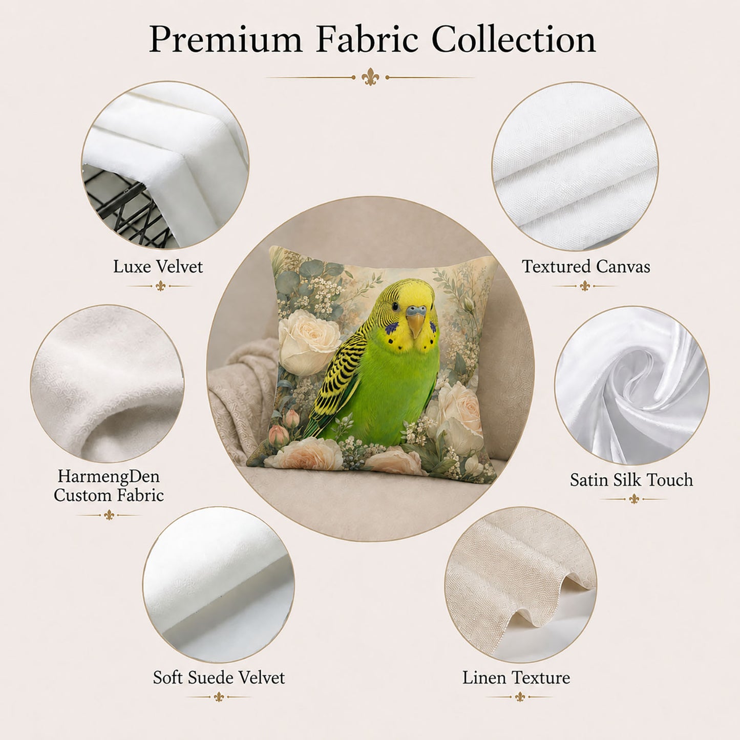 Personalized parakeet pillow cover with velvet, canvas, satin, suede velvet, linen texture and custom fabric options