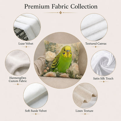 Personalized parakeet pillow cover with velvet, canvas, satin, suede velvet, linen texture and custom fabric options