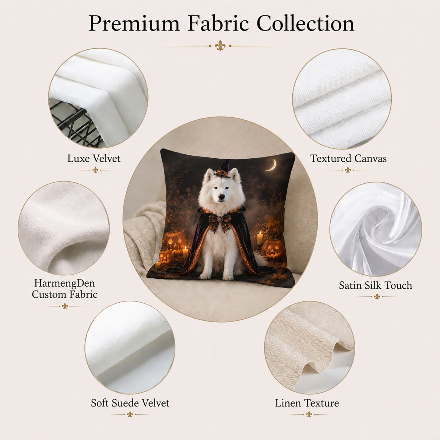 Personalized pet portrait pillow cover with curated Luxe Velvet, Textured Canvas, Satin Silk Touch, Linen Texture and Soft Suede Velvet fabrics