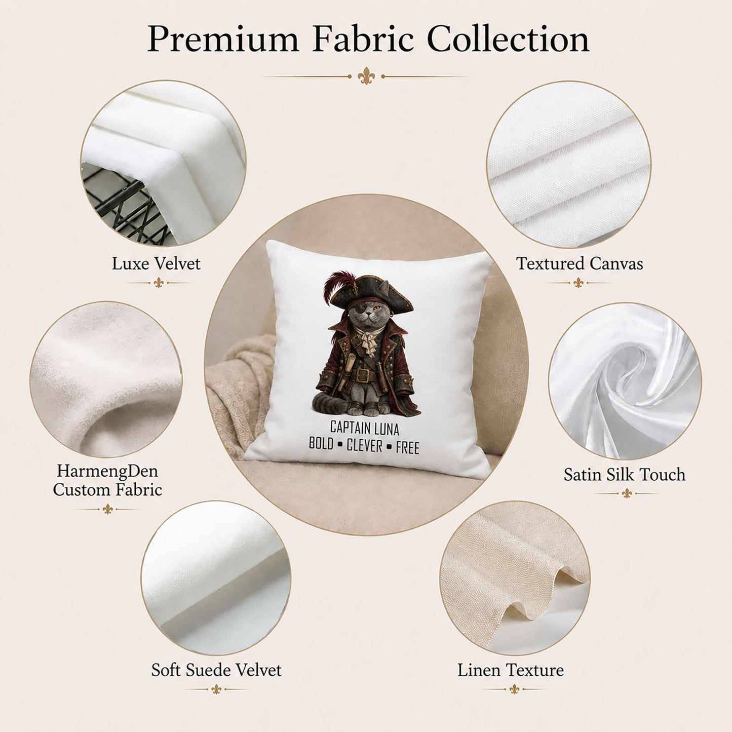 Personalized pet portrait pillow cover with Luxe Velvet, Textured Canvas, Satin Silk Touch, Soft Suede Velvet and Linen Texture options