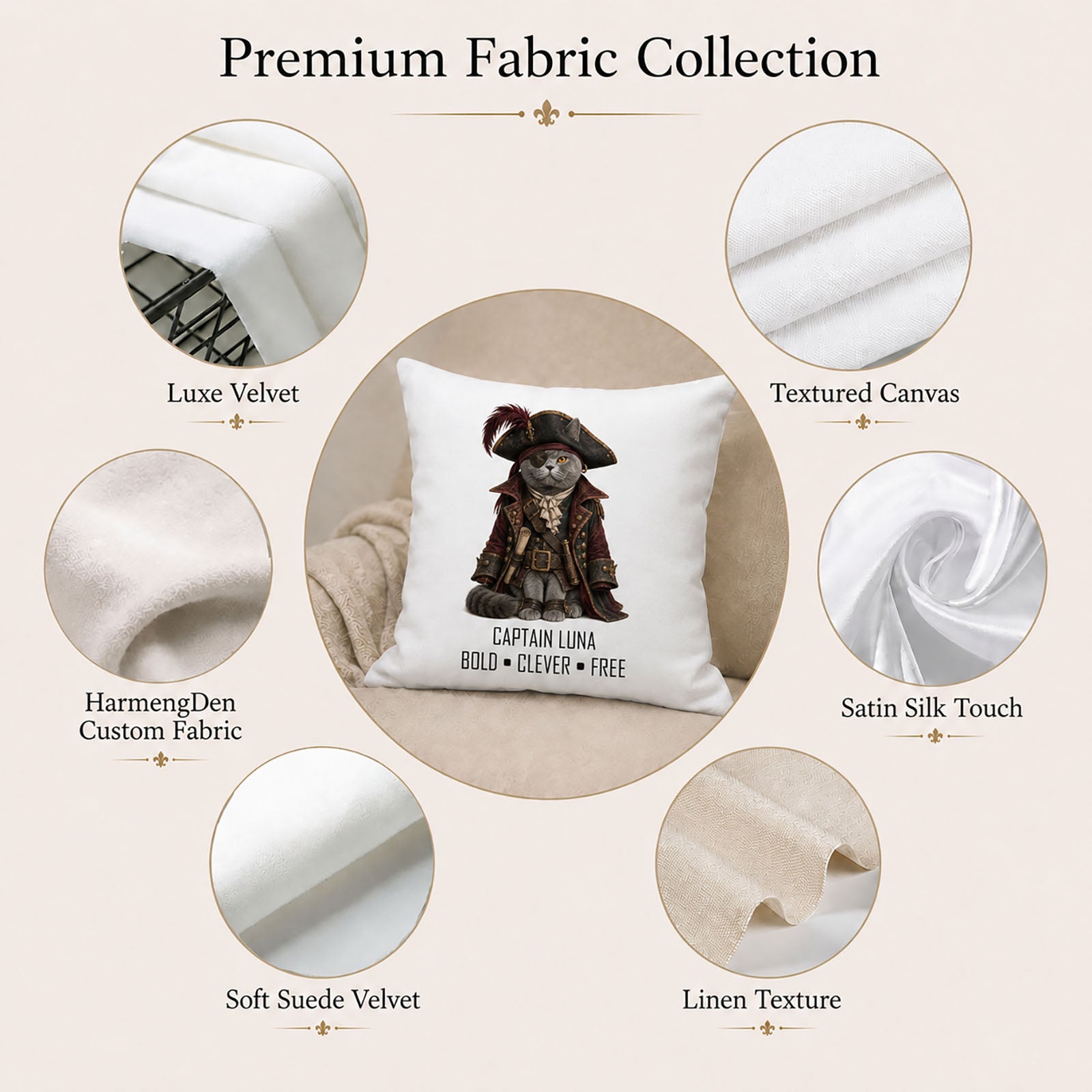 Personalized pet portrait pillow cover with Luxe Velvet, Textured Canvas, Satin Silk Touch, Soft Suede Velvet and Linen Texture options