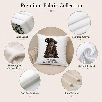 Personalized pet portrait pillow cover with Luxe Velvet, Textured Canvas, Satin Silk Touch, Soft Suede Velvet and Linen Texture options