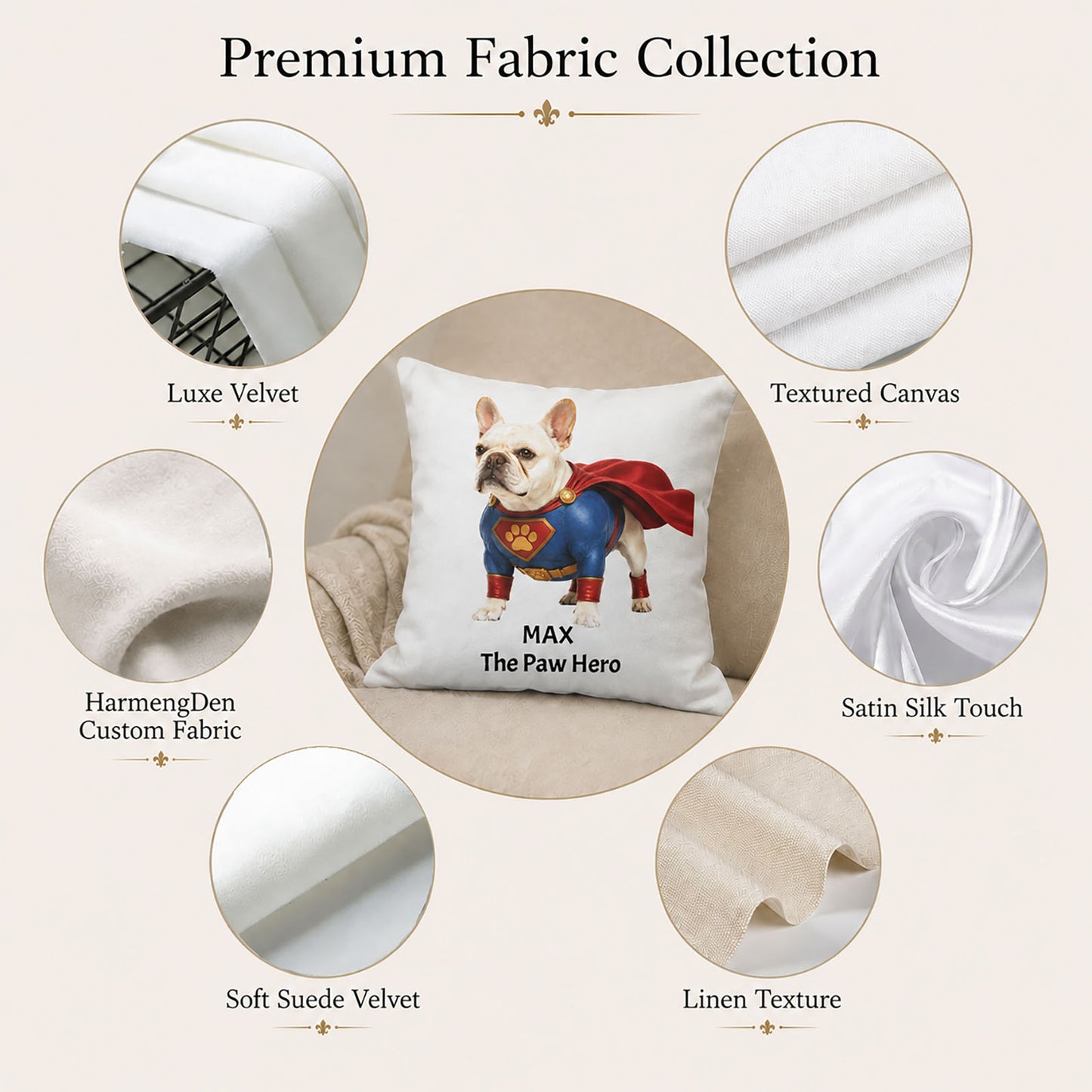 Premium fabric collection for custom pet pillow covers including velvet, canvas, satin and linen texture options