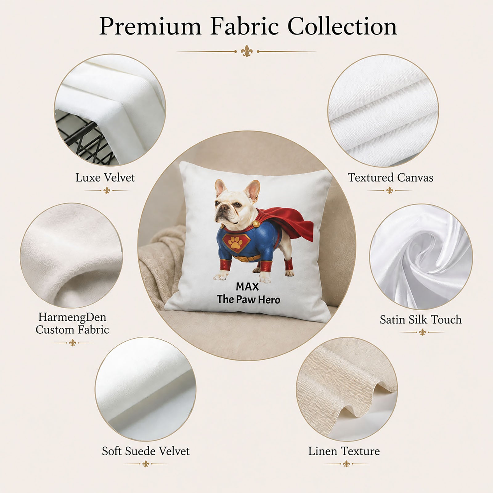 Premium fabric collection for custom pet pillow covers including velvet, canvas, satin and linen texture options