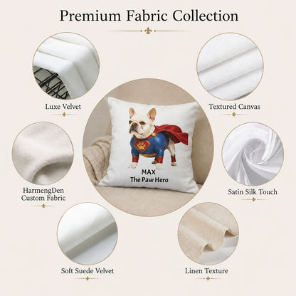 Premium fabric collection for custom pet pillow covers including velvet, canvas, satin and linen texture options