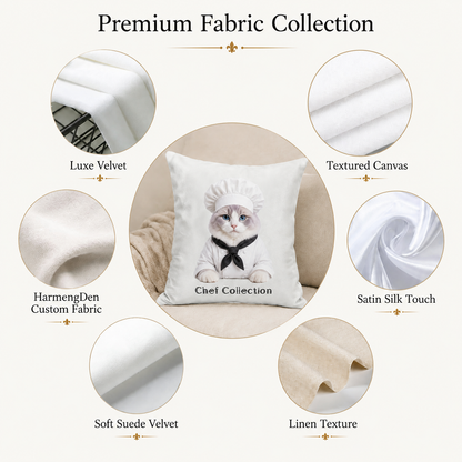 Premium fabric collection for custom pet pillow covers featuring velvet, canvas, satin and personalized textile options