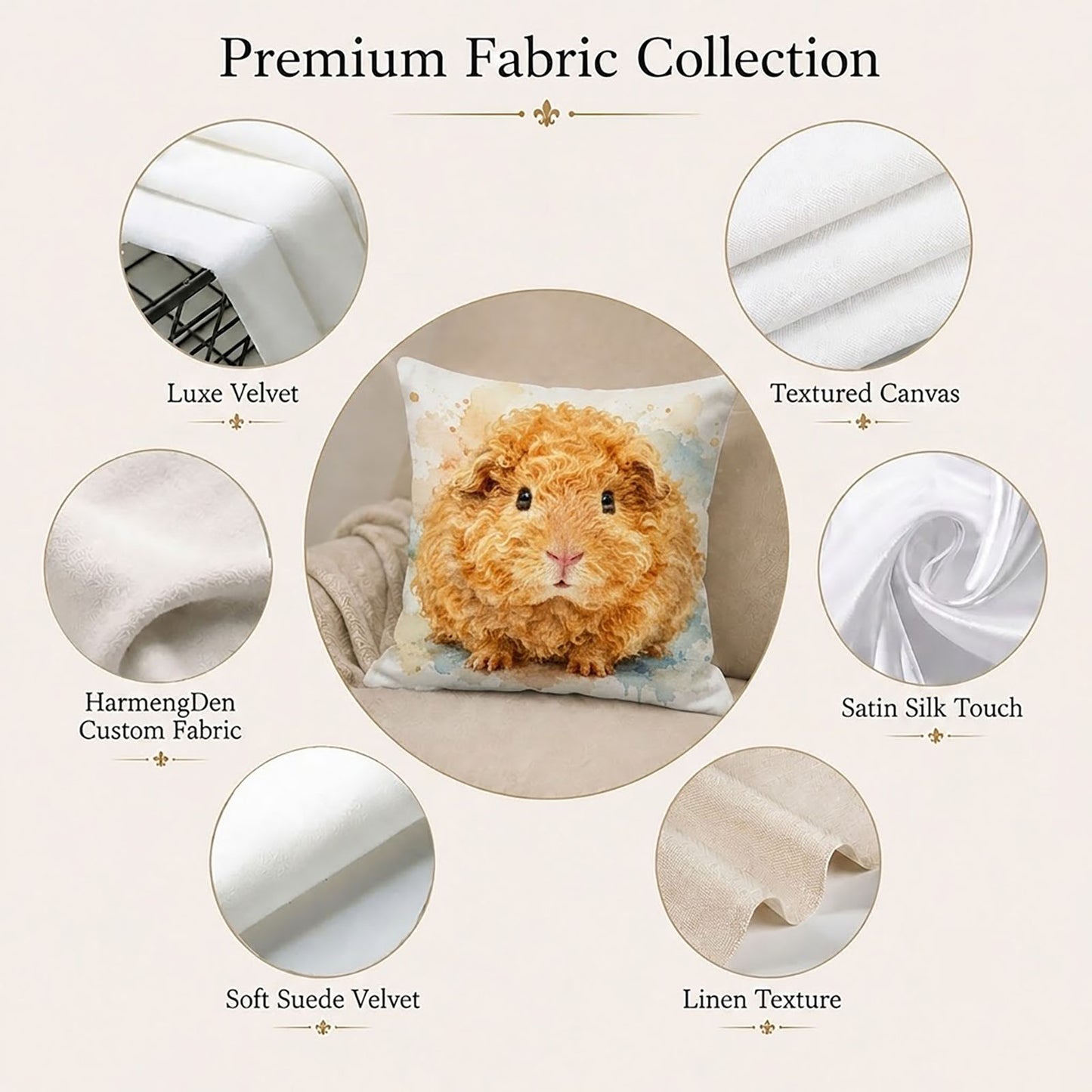 Premium fabric collection for custom photo pillow covers including velvet, canvas, satin, suede and linen texture options