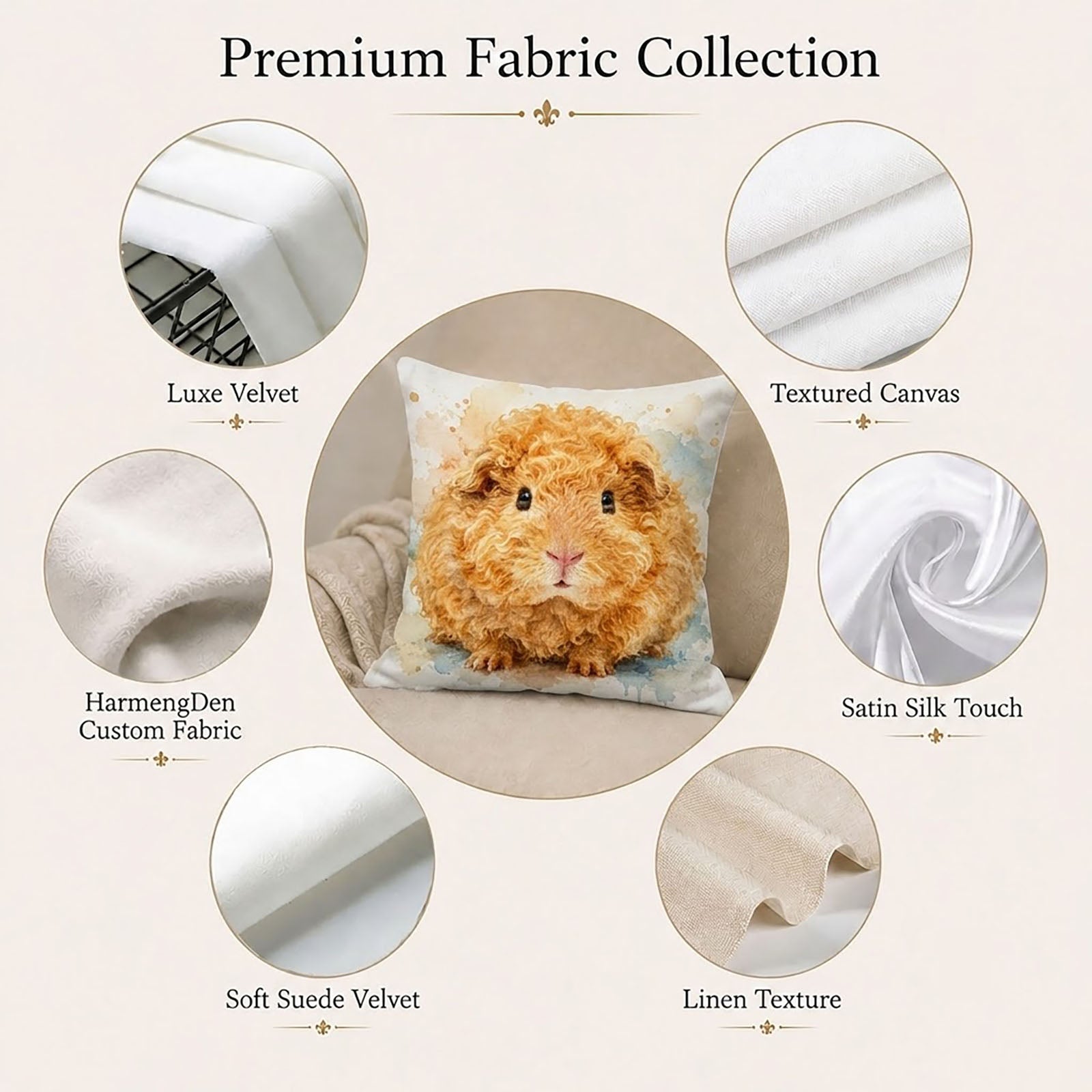 Premium fabric collection for custom photo pillow covers including velvet, canvas, satin, suede and linen texture options