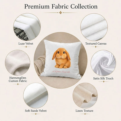 Premium fabric options for personalized bunny pillow covers including velvet, canvas, linen, satin and custom fabrics.