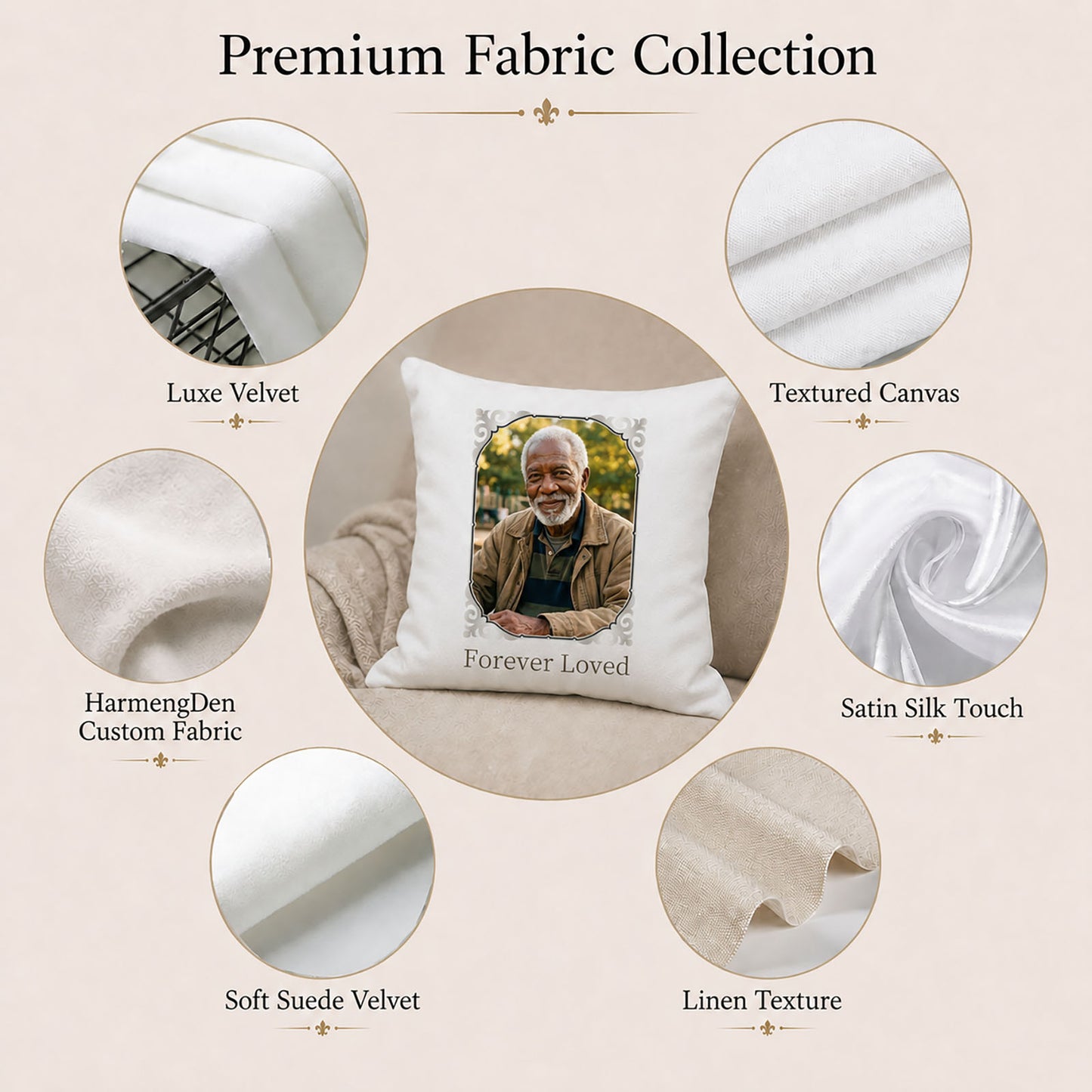 Personalized photo memorial pillow cover with Luxe Velvet, Textured Canvas, Satin Silk Touch, Soft Suede Velvet and Linen Texture options