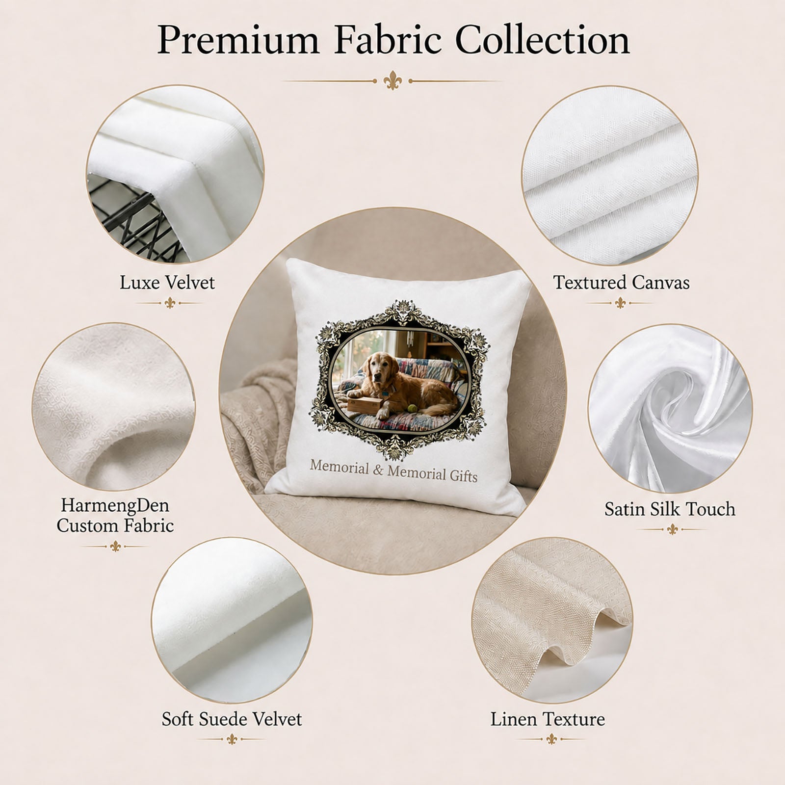 Custom dog memorial pillow cover with Luxe Velvet, Textured Canvas, Satin Silk Touch, Soft Suede Velvet and Linen Texture options
