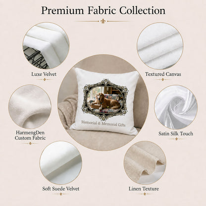 Custom dog memorial pillow cover with Luxe Velvet, Textured Canvas, Satin Silk Touch, Soft Suede Velvet and Linen Texture options