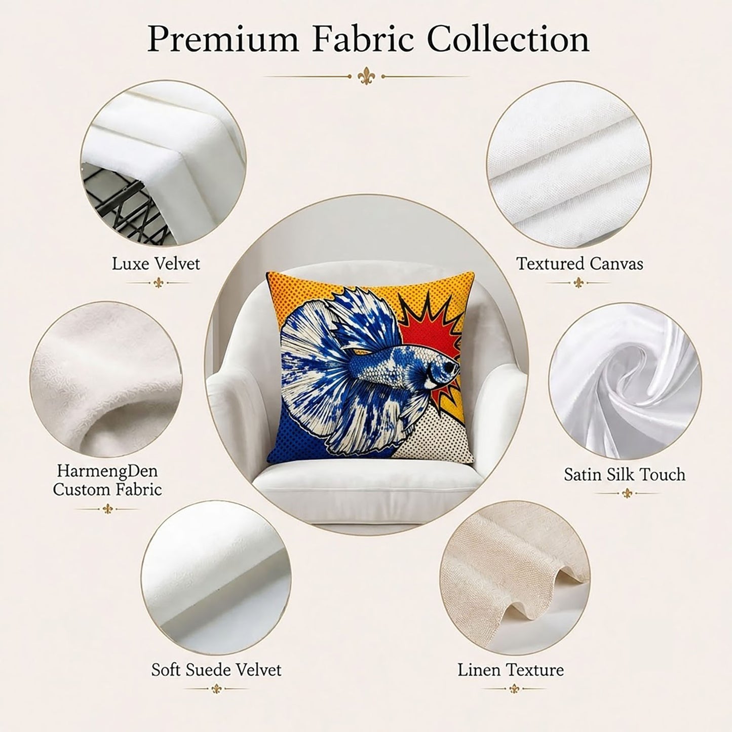 Premium fabric collection for custom pillow covers including velvet canvas satin linen suede and custom sourced fabric