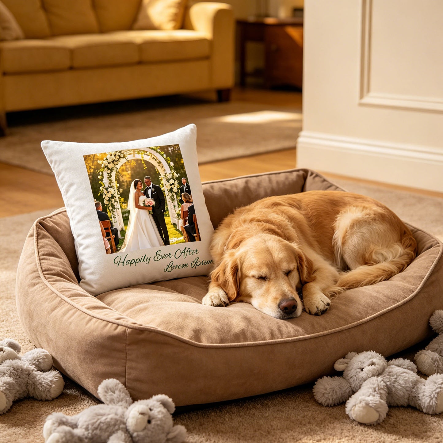 Custom wedding keepsake pillow resting on a plush pet bed, next to a sleeping golden retriever. A cozy, heartwarming scene showing the pillow as part of the couple’s new family life, including their furry companion.