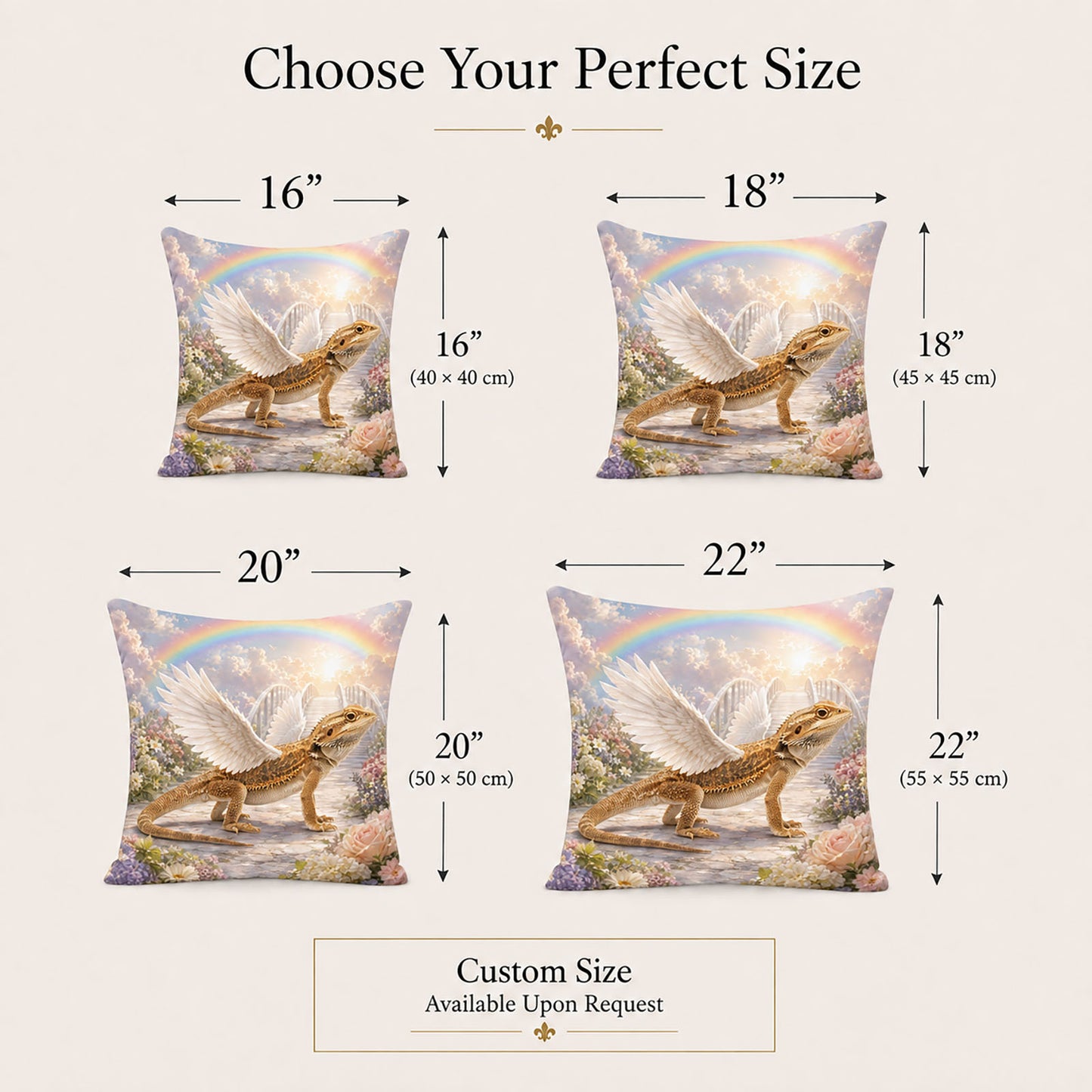 Bearded dragon memorial pillow cover sizes in 16, 18, 20 and 22 inches with custom sizing available