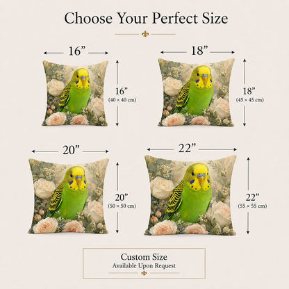 Custom budgie pillow cover sizes in 16, 18, 20 and 22 inches with custom sizing available