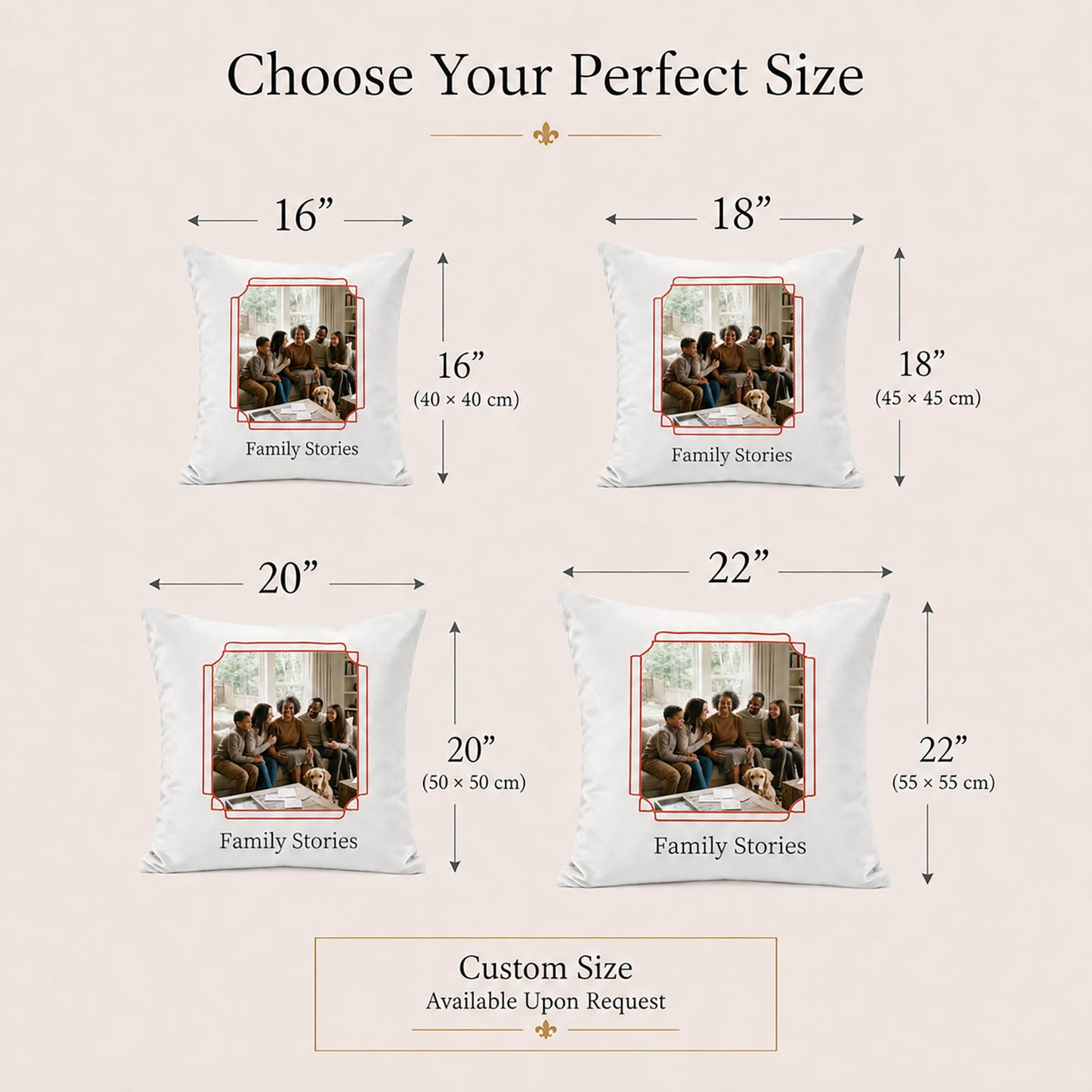 Custom Family Stories pillow cover in 16, 18, 20 and 22 inch sizes with custom sizing available