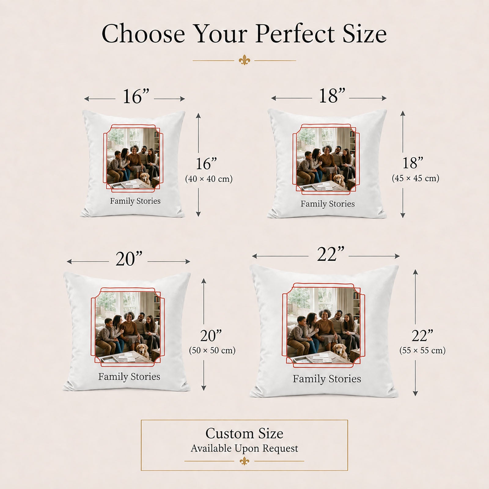 Custom Family Stories pillow cover in 16, 18, 20 and 22 inch sizes with custom sizing available