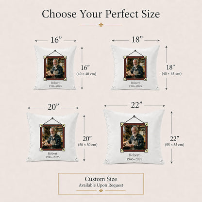 Personalized memorial pillow cover size options in 16, 18, 20 and 22 inches with custom sizing available