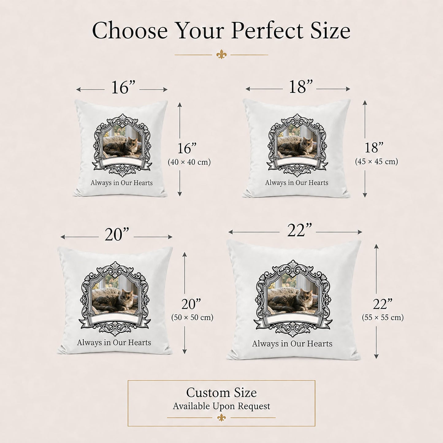 Custom pet memorial pillow cover sizes from 16 to 22 inches with bespoke sizing available