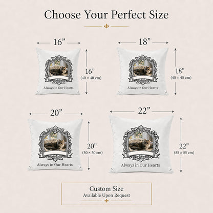 Custom pet memorial pillow cover sizes from 16 to 22 inches with bespoke sizing available