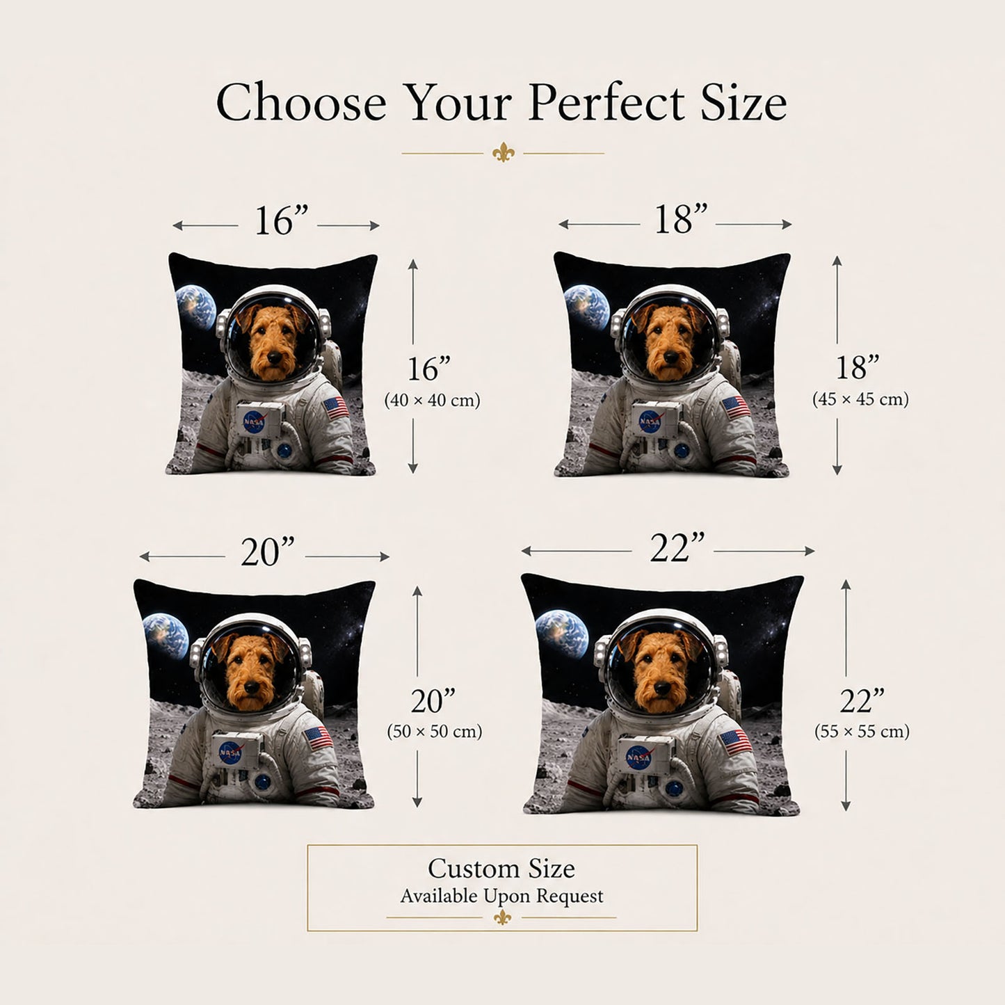 Custom pet pillow artwork process showing photo upload, style selection, professional enhancement, printing and handmade delivery