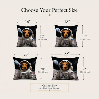 Custom pet pillow artwork process showing photo upload, style selection, professional enhancement, printing and handmade delivery