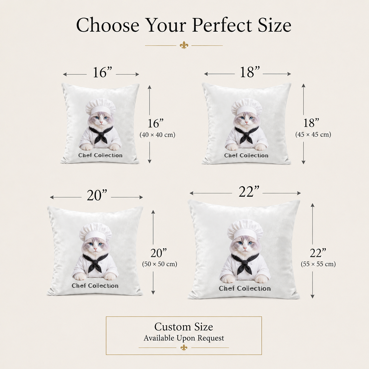 Custom pet portrait pillow cover size guide showing 16 inch, 18 inch, 20 inch and 22 inch personalized pillow sizes