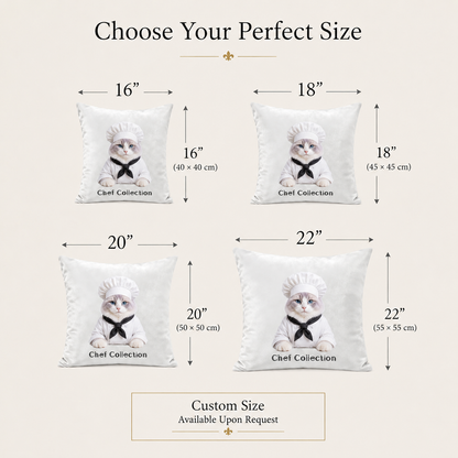 Custom pet portrait pillow cover size guide showing 16 inch, 18 inch, 20 inch and 22 inch personalized pillow sizes