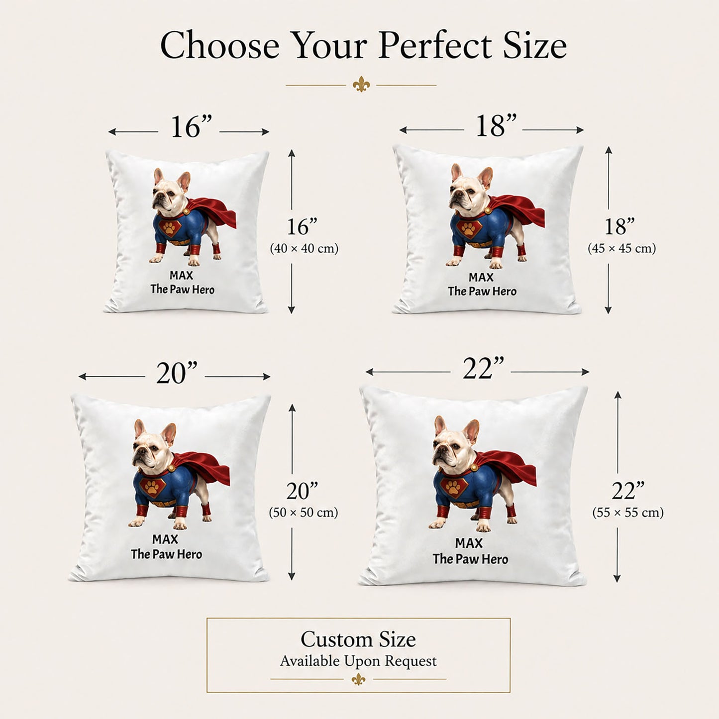 Custom pet pillow size guide showing 16 inch, 18 inch, 20 inch and 22 inch personalized pillow cover sizes