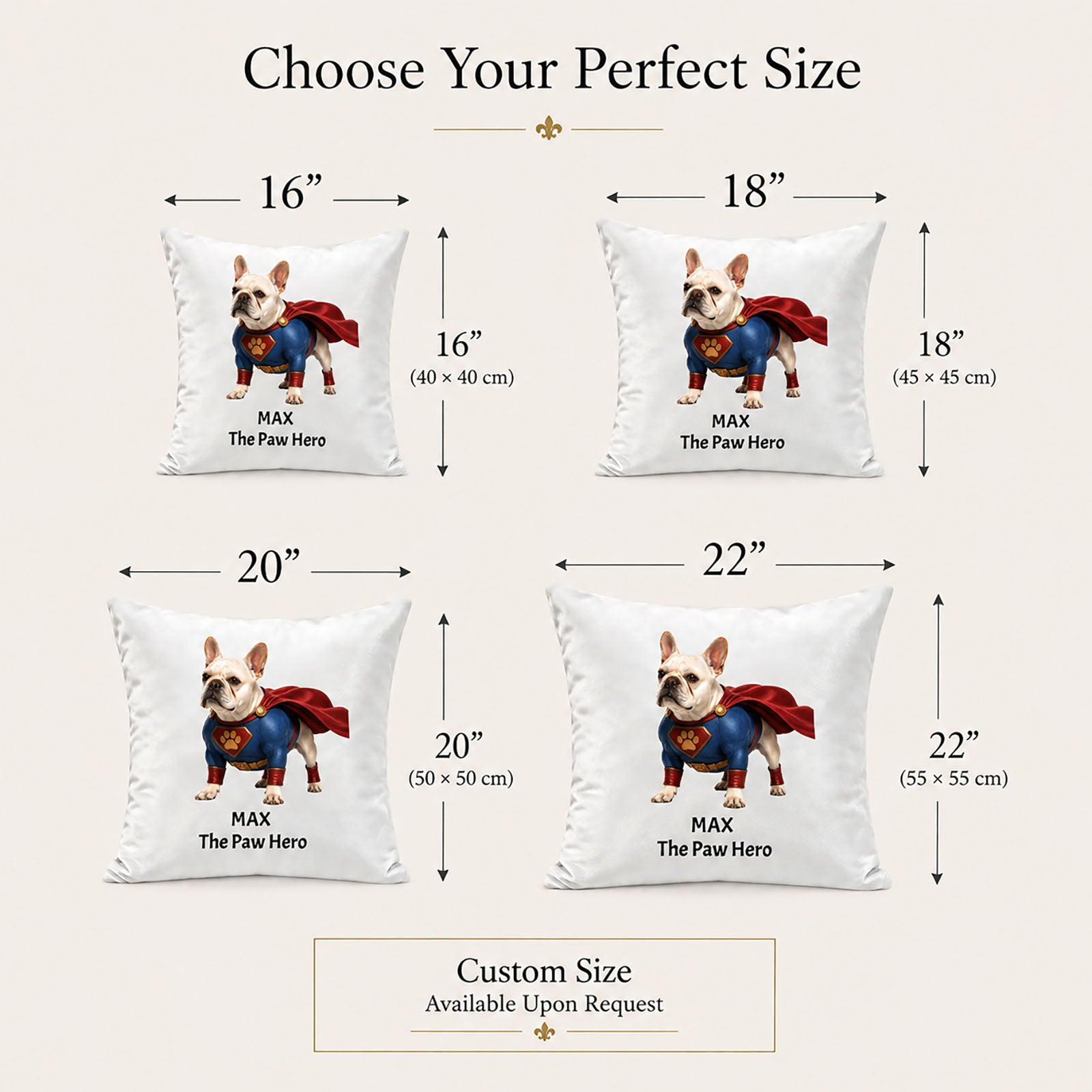 Custom pet pillow size guide showing 16 inch, 18 inch, 20 inch and 22 inch personalized pillow cover sizes