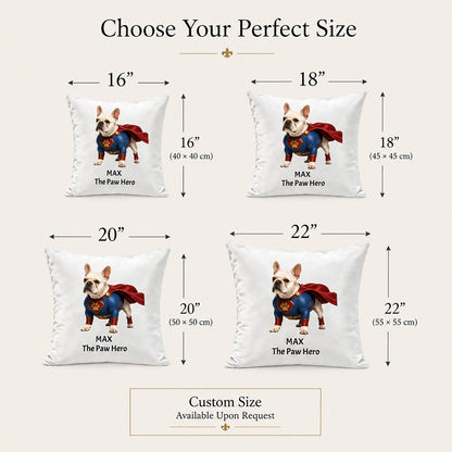 Custom pet pillow size guide showing 16 inch, 18 inch, 20 inch and 22 inch personalized pillow cover sizes