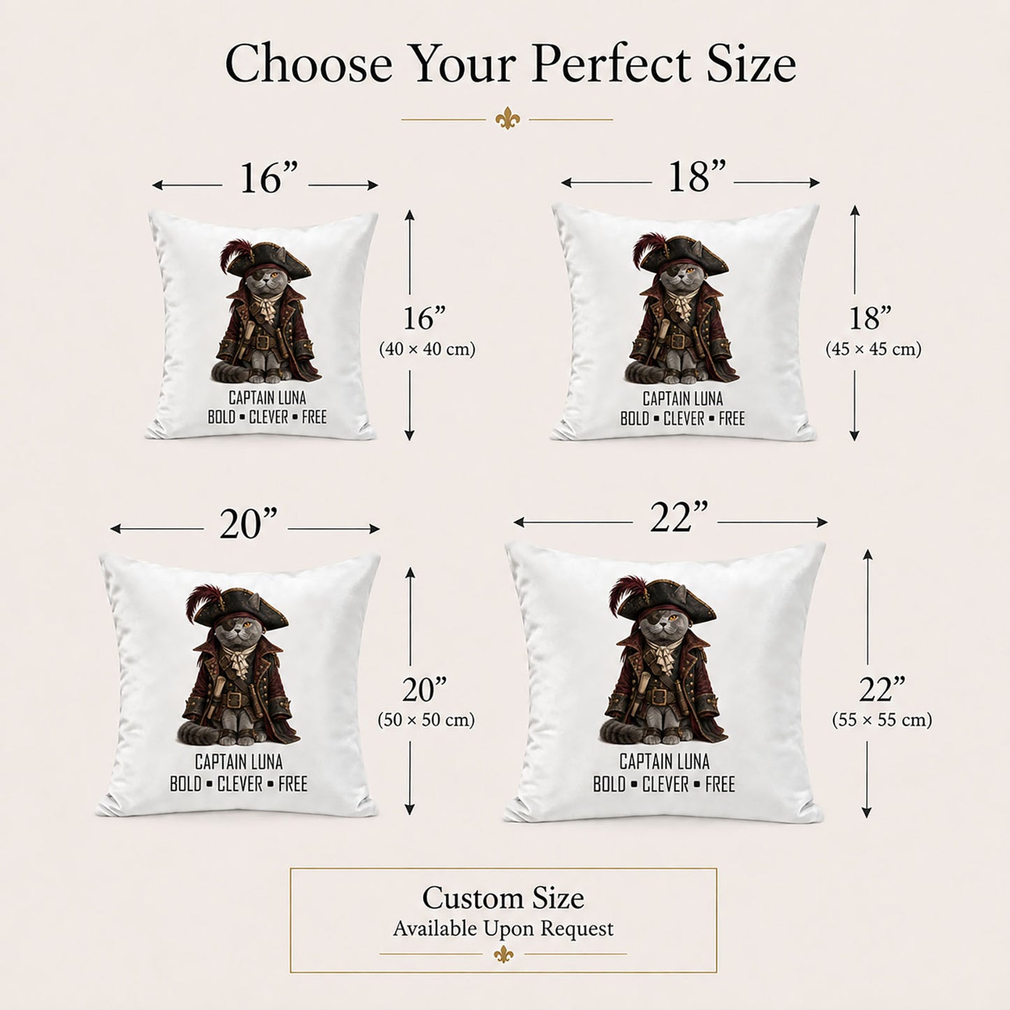 Made-to-order pet portrait pillow covers in 16, 18, 20 and 22 inch sizes with bespoke sizing available