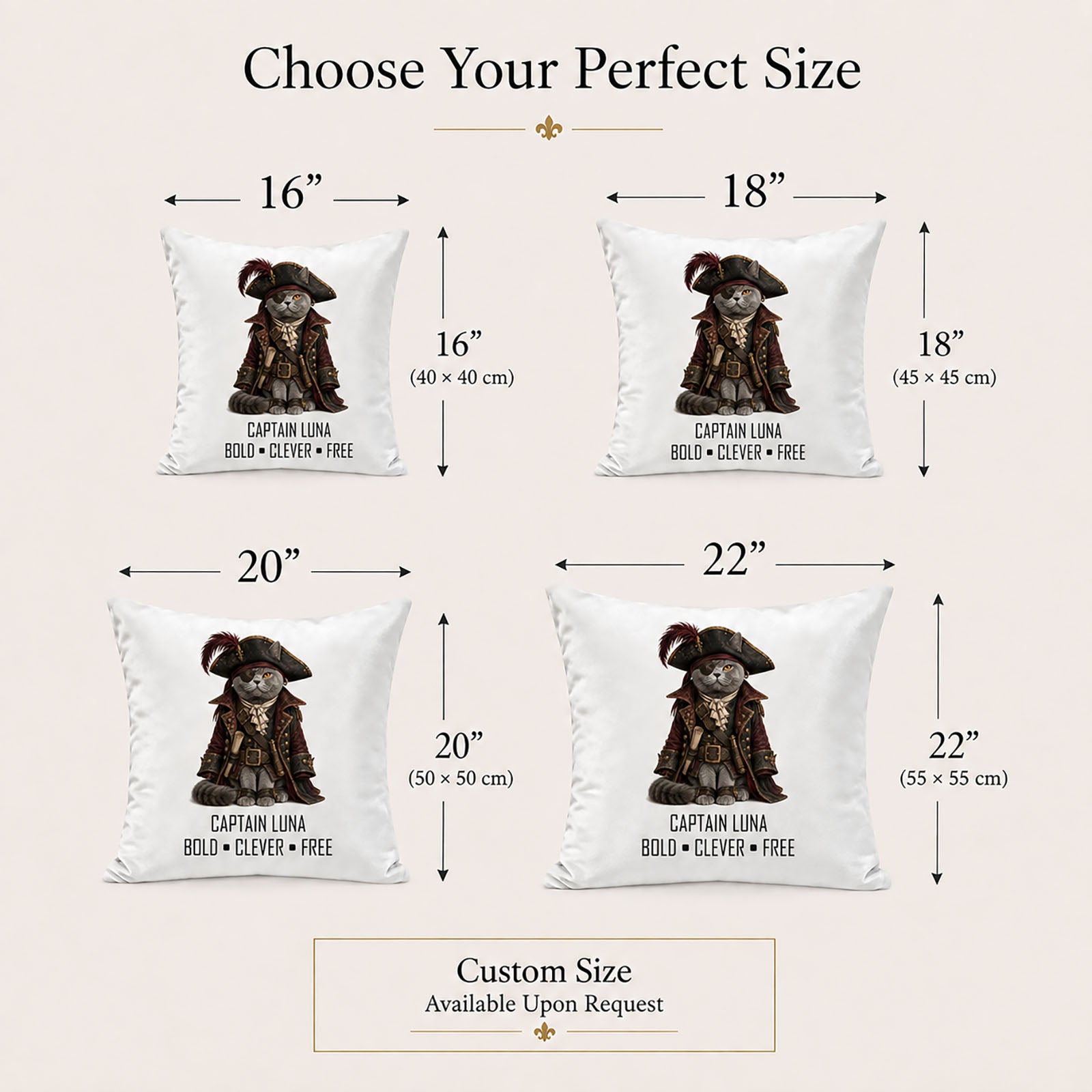 Made-to-order pet portrait pillow covers in 16, 18, 20 and 22 inch sizes with bespoke sizing available