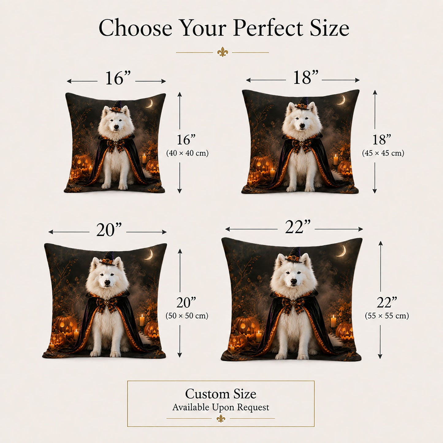 Made-to-order pet portrait pillow cover sizes in 16, 18, 20 and 22 inches with bespoke custom sizing available upon request
