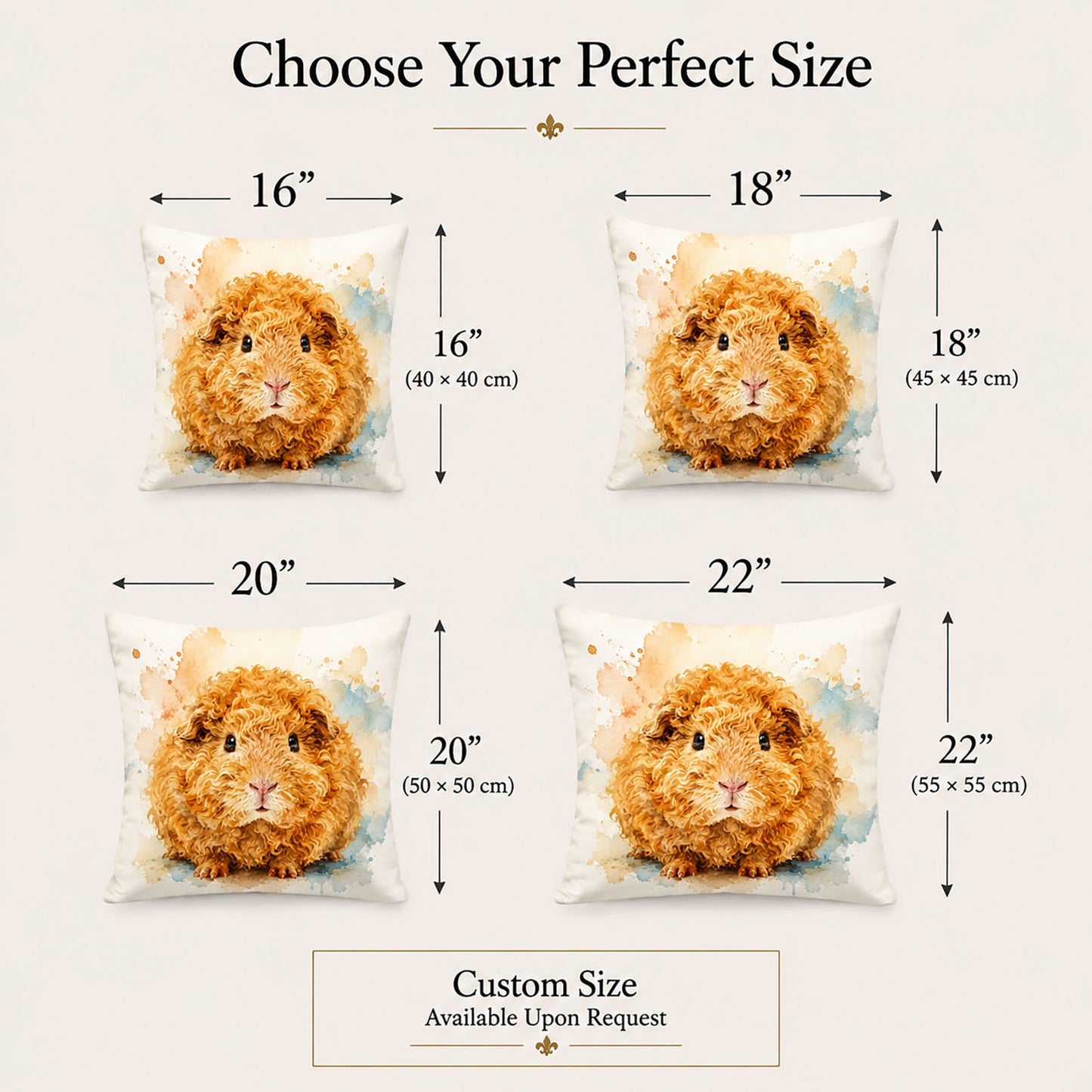 Custom pillow cover size guide showing 16 inch, 18 inch, 20 inch and 22 inch personalized photo pillow sizes