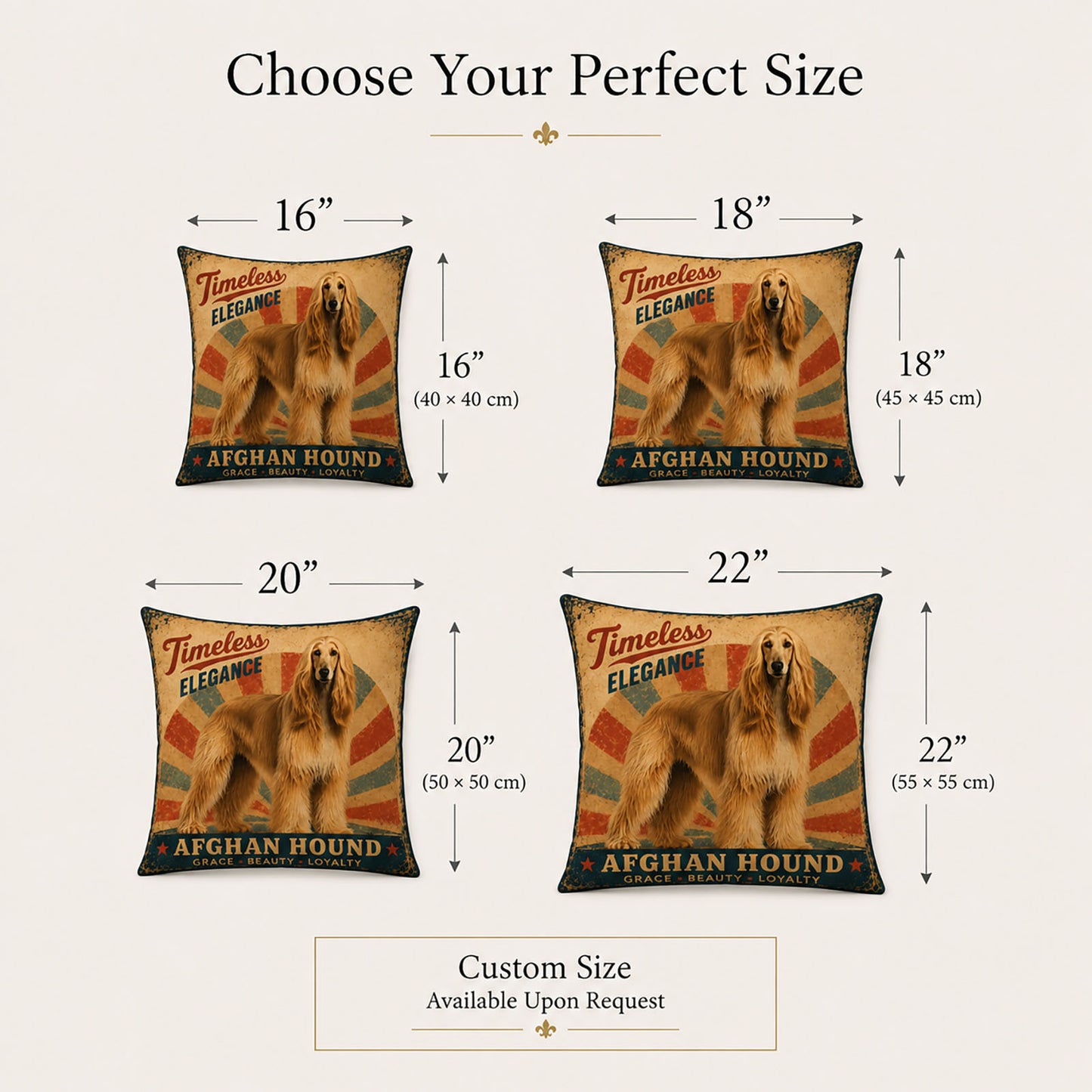 Personalized pillow cover size guide available in 16 18 20 22 inch and custom sizes