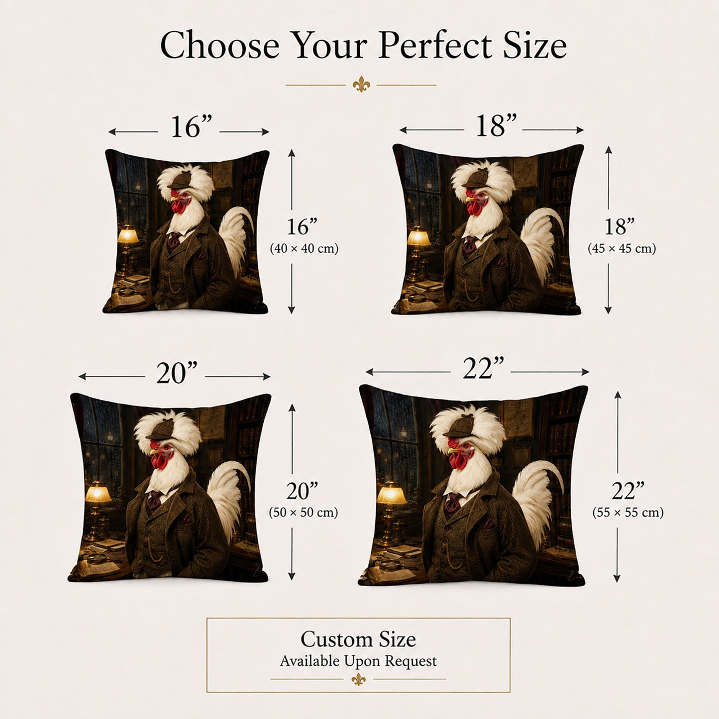 Custom rooster portrait pillow cover size options in 16, 18, 20 and 22 inches with custom sizing available upon request.