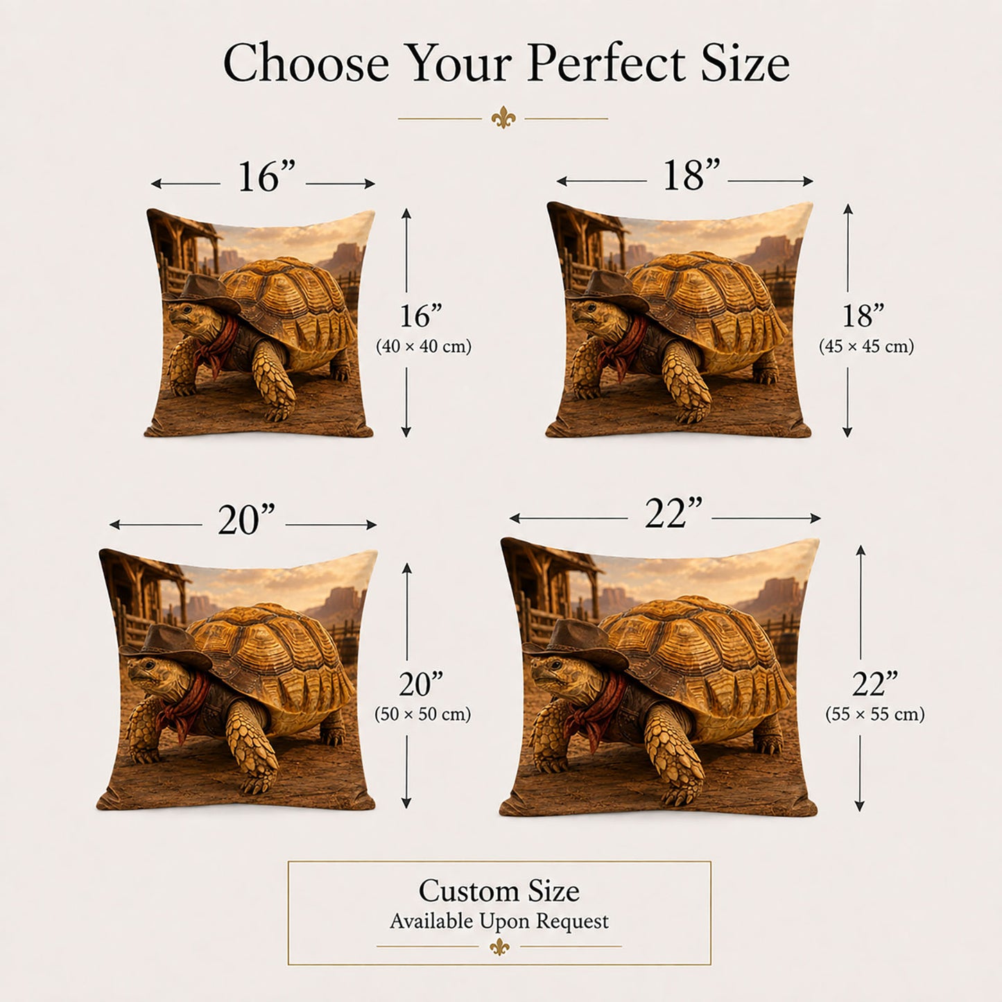 Custom tortoise pillow cover sizes in 16, 18, 20 and 22 inches with custom dimensions available upon request.