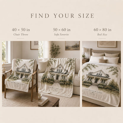 Custom house portrait blanket size guide with 40 × 50, 50 × 60 and 60 × 80 inch options.