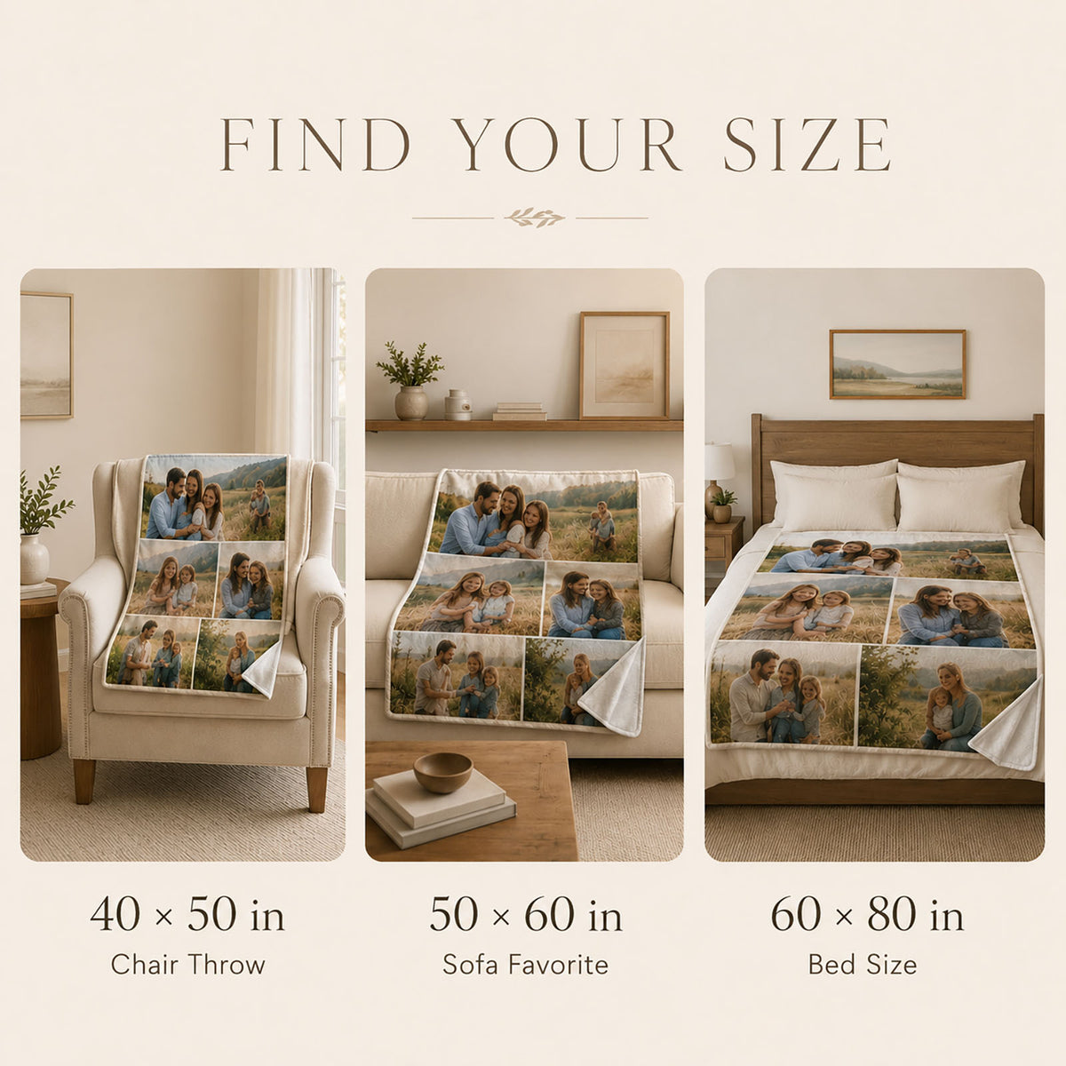 Custom pet portrait blanket size guide showing 40 × 50, 50 × 60 and 60 × 80 inch options for chair, sofa and bed.