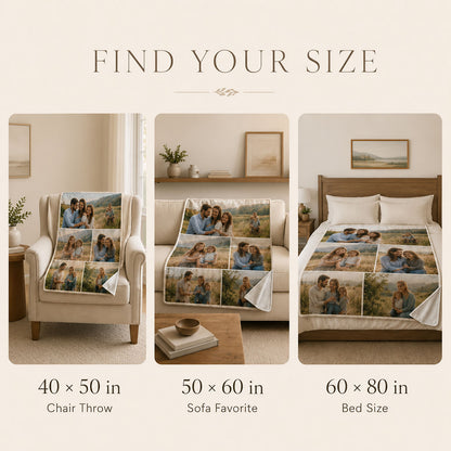 Custom pet portrait blanket size guide showing 40 × 50, 50 × 60 and 60 × 80 inch options for chair, sofa and bed.